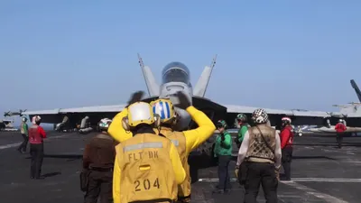 @U.S. Central Command: U.S. Navy F/A-18 Super Hornets launch from USS Abraham Lincoln (CVN 72). Lincoln is one of two aircraft carriers enforcing the blockade on Iranian ports while also supporting Project Freedom.