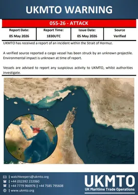 @Open Source Intel: A cargo vessel was struck by an unknown projectile in the Strait of Hormuz. Environmental impact unknown. - UKMTO