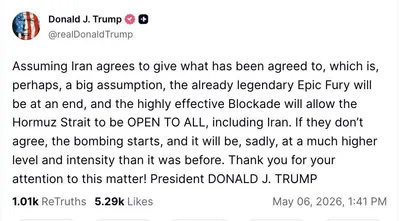 @Visegrád 24: Trump just said that if Iran does not agree to “give what has been agreed to,” the United States will resume bombing, and it will be at a much higher level and intensity than it was before.”