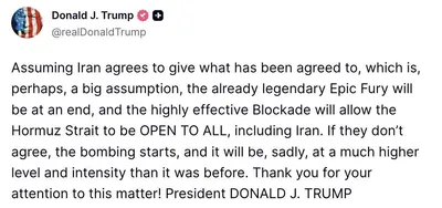 @Open Source Intel: Trump:

Assuming Iran agrees to give what has been agreed to, which is, perhaps, a big assumption, the already legendary Epic Fury will be at an end, and the highly effective Blockade will allow the H