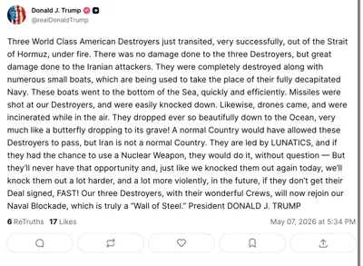 @Open Source Intel: BREAKING: 🔴

U.S. President Donald Trump: "Three World Class American Destroyers just transited, very successfully, out of the Strait of Hormuz, under fire. There was no damage done to the three Dest