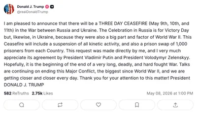@Open Source Intel: U.S. President Donald Trump:

"I am pleased to announce that there will be a THREE DAY CEASEFIRE (May 9th, 10th, and 11th) in the War between Russia and Ukraine. The Celebration in Russia is for Victo