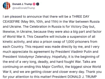 @Visegrád 24: Trump announces a 3-day ceasefire in Ukraine starting at midnight.

Zelensky confirms that he has agreed to the ceasefire and that Ukraine prioritizes the return of 1000 of its soldiers.