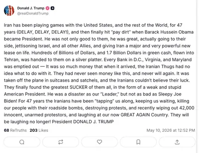 @Open Source Intel: U.S. President Donald Trump:

"Iran has been playing games with the United States, and the rest of the World, for 47 years (DELAY, DELAY, DELAY!), and then finally hit “pay dirt” when Barack Hussein O
