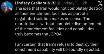 @✡︎𝐋𝐢𝐯𝐞𝐈𝐫𝐚𝐧𝐍𝐞𝐰𝐬🇮🇷🇮🇱: ⚡🇺🇸☢️🦀لیندزی گراهام: بدون نابودی کامل برنامه غنی‌سازی جمهوری اسلامی، هر توافقی همان برجام است/سناتور جمهوری‌خواه لیندزی گراهام هشدار داد اگر رژیم تروریستی جمهوری اسلامی مجبور به برچیدن کامل تاسیسات