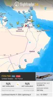 @✡︎𝐋𝐢𝐯𝐞𝐈𝐫𝐚𝐧𝐍𝐞𝐰𝐬🇮🇷🇮🇱: ⚡🇺🇸🇦🇪یک جنگنده رادارگریز اف ۳۵ آمریکا بر فراز امارات کد اضطراری ۷۷۰۰ اعلام کرد/یک فروند جنگنده رادارگریز F35A Lightning II نیروی هوایی آمریکا پس از پرواز از محدوده خلیج عمان و شرق تنگه هرمز، هنگام