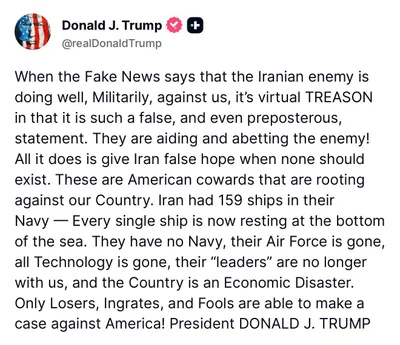 @Open Source Intel: Trump: When the Fake News says that the Iranian enemy is doing well, Militarily, against us, it's virtual TREASON in that it is such a false, and even preposterous, statement. They are aiding and abet