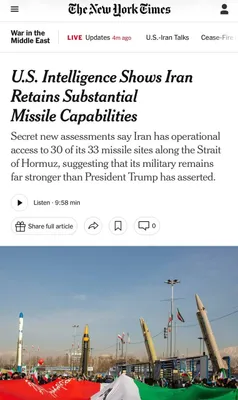 @Eli Afriat 🇮🇱: The New York Times reports classified intelligence assessments from earlier this month that show Iran has regained access to most of its missile sites, launchers and underground facilities. 

U.S. int