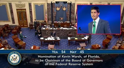 @Open Source Intel: NEW: Kevin Warsh confirmed as Federal Reserve Chair by the U.S. Senate, 54-45.