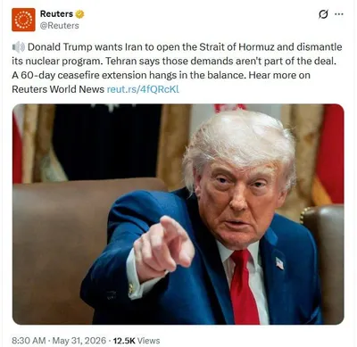 @✡︎𝐋𝐢𝐯𝐞𝐈𝐫𝐚𝐧𝐍𝐞𝐰𝐬🇮🇷🇮🇱: ⚡🇺🇸🦀رویترز گزارش داد اختلاف میان واشنگتن و رژیم تروریستی جمهوری اسلامی بر سر تنگه هرمز و پرونده هسته‌ای، آینده آتش‌بس ۶۰ روزه را در ابهام فرو برده است./بر اساس این گزارش، پرزیدنت ترامپ خواهان بازگش