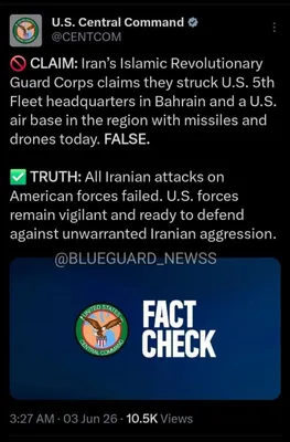 @✡︎𝐋𝐢𝐯𝐞𝐈𝐫𝐚𝐧𝐍𝐞𝐰𝐬🇮🇷🇮🇱: ⚡🇺🇸🦀سنتکام ادعای گروهک تروریستی سپاه پاسداران درباره هدف قرار دادن مقر ناوگان پنجم آمریکا در بحرین و یک پایگاه هوایی آمریکا در منطقه را رد کرد./فرماندهی مرکزی آمریکا در بیانیه‌ای اعلام کرد تمامی حم