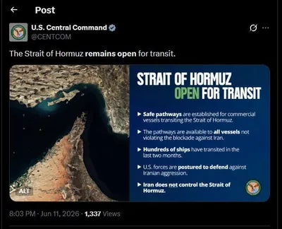 @✡︎𝐋𝐢𝐯𝐞𝐈𝐫𝐚𝐧𝐍𝐞𝐰𝐬🇮🇷🇮🇱: ⚡️🇺🇸🦀فرماندهی مرکزی آمریکا: تنگه هرمز برای عبور کشتی‌ها باز است/فرماندهی مرکزی ایالات متحده اعلام کرد تنگه هرمز همچنان برای عبور شناورهای تجاری باز است و نیروی دریایی آمریکا مسیرهای ایمن لازم برای 