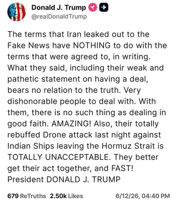 🚨🇺🇸🇮🇷 PRZEŁAM: Trump jest wściekły na Iran i wyjaśnia: "Szczegóły porozumienia, które Iran ujawniło, to fałszywe wiadomości i nie mają nic wspólnego z warunkami napisanymi w zapisanym porozumieniu. Amazi