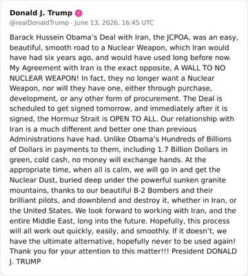 @Shin: PREZYDENT:
"Umowa OBAMA’a z Iranem, JCPOA, była łatwą, piękną i gładką drogą do broni jądrowej, którą Iran miałby posiadać sześć lat temu i użyłby dawno już. Moje Umow