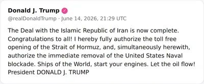 پیامگری از رئیس جمهور:
"پیمان با جمهوری اسلامی ایران اکنون کامل شده است. مبارکباشید به همه! من در حال امضای کامل اجازه رایگان و ۲۴‌ساعتی عبور از پل‌های هرمز هستم و همزمان با این، ...
