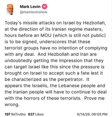 @✡︎𝐋𝐢𝐯𝐞𝐈𝐫𝐚𝐧𝐍𝐞𝐰𝐬🇮🇷🇮🇱: ⚡🇺🇸🇮🇱🦀مارک لوین: حملات حزب‌الله نشان می‌دهد این گروه‌ها قصد پایبندی به هیچ توافقی را ندارند/مارک لوین، مجری سرشناس آمریکایی، تحلیلگر محافظه‌کار و از چهره‌های بانفوذ نزدیک به جریان حامی پرزیدنت تر