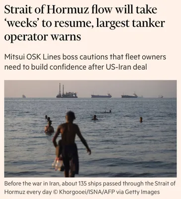 @✡︎𝐋𝐢𝐯𝐞𝐈𝐫𝐚𝐧𝐍𝐞𝐰𝐬🇮🇷🇮🇱: ⚡🇯🇵🇺🇸🦀مدیرعامل شرکت کشتیرانی ژاپنی Mitsui OSK Lines اعلام کرد انتظار می‌رود مالکان کشتی‌ها تا چند هفته از ازسرگیری عبور از تنگه هرمز خودداری کنند تا مشخص شود توافق میان آمریکا و رژیم تروریستی جمه