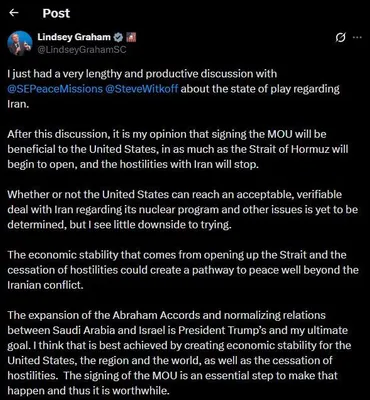 @✡︎𝐋𝐢𝐯𝐞𝐈𝐫𝐚𝐧𝐍𝐞𝐰𝐬🇮🇷🇮🇱: ⚡🇺🇸🦀سناتور ارشد جمهوری‌خواه لیندزی گراهام: امضای تفاهم‌نامه به سود ایالات متحده است، همان‌طور که بازگشایی تنگه هرمز و توقف خصومت‌ها با رژیم تروریستی جمهوری اسلامی نیز به نفع آمریکا خواهد بود😂😂😂 