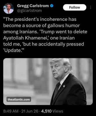 @✡︎𝐋𝐢𝐯𝐞𝐈𝐫𝐚𝐧𝐍𝐞𝐰𝐬🇮🇷🇮🇱: ⚡🇺🇸 Karlstrom, senior reporter at The Economist: The unexpected statements and decisions of President Trump have become a subject of humor among some Iranians. He quoted one Iranian citizen saying: 