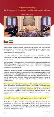 @Open Source Intel: This was the joint statement from Iran and Oman yesterday: The statement discusses administration and “services and costs” for the Hormuz. 

“A working group will reach agreement on the future adminis