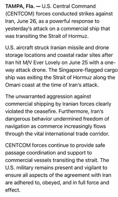 @Open Source Intel: STATEMENT:

"U.S. Central Command (CENTCOM) forces conducted strikes against Iran, June 26, as a powerful response to yesterday’s attack on a commercial ship that was transiting the Strait of Hormuz.
