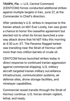 @Open Source Intel: CENTCOM: U.S. forces carried out airstrikes in Iran targeting military infrastructure, including surveillance, communications and drone facilities, in response to a drone attack on the commercial tank