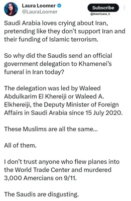 @✡︎𝐋𝐢𝐯𝐞𝐈𝐫𝐚𝐧𝐍𝐞𝐰𝐬🇮🇷🇮🇱: ⚡🇺🇸🇸🇦🦀Lora Loomer, American conservative political activist and one of the supporters and close figures to President Trump, criticized the dispatch of an official Saudi Arabian delegation to Ali 