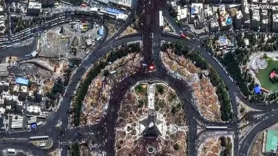 @Babak Taghvaee - The Crisis Watch: Breaking: Satellite images taken by Vantor and released today provide new evidence challenging the Islamic regime of Iran's claims about the number of participants at the funeral of dictator Ali Khame