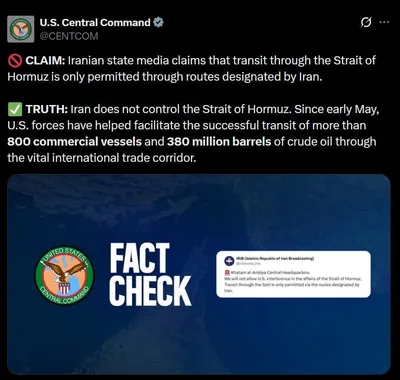 @✡︎𝐋𝐢𝐯𝐞𝐈𝐫𝐚𝐧𝐍𝐞𝐰𝐬🇮🇷🇮🇱: ⚡🇺🇸🦀فرماندهی مرکزی آمریکا اعلام کرد ادعای رسانه‌های وابسته به رژیم تروریستی جمهوری اسلامی مبنی بر کنترل تنگه هرمز و الزام کشتی‌ها به عبور از مسیرهای تعیین‌شده توسط تهران صحت ندارد. سنتکام تأکید کرد