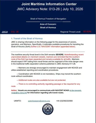 @Open Source Intel: JMIC says the expanded southern transit corridor through the Strait of Hormuz remains open despite recent attacks on ships along the U.S. supported route through Omani waters.

Other transit routes ar
