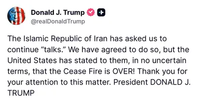 @Open Source Intel: To understand what Trump is saying: 

1. We will continue to talk to Iran 

2. The ceasefire is OVER

Talks and bombs at the same time it seems.