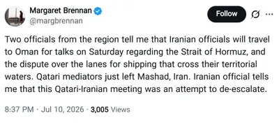 @✡︎𝐋𝐢𝐯𝐞𝐈𝐫𝐚𝐧𝐍𝐞𝐰𝐬🇮🇷🇮🇱: ⚡🇴🇲🇺🇸🦀مقام‌های رژیم تروریستی جمهوری اسلامی برای گفت‌وگو درباره تنگه هرمز راهی عمان می‌شوند/به گفته خبرنگار سی بی اس، مقام‌های رژیم تروریستی جمهوری اسلامی روز شنبه برای مذاکره درباره تنگه هرمز و ا