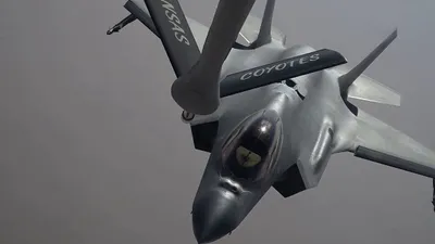 @Open Source Intel: CENTCOM: U.S. Air Force F-35A stealth fighter aircraft are refueled by a KC-135 Stratotanker while flying patrols over the Middle East.