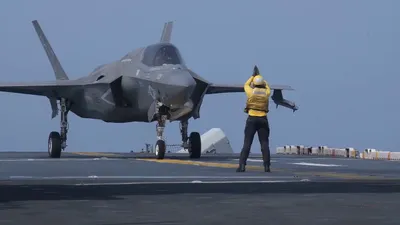 @Open Source Intel: CENTCOM: Sailors prepare U.S. Marine Corps F-35B stealth fighter jets for takeoff aboard USS Boxer (LHD 4) while transiting the Arabian Sea. Boxer is the flagship for the Boxer Amphibious Ready Group 