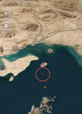 @Open Source Intel: NASA FIRMS satellite data shows an active fire on the Iranian side of the Strait of Hormuz today.

It’s south of Larak Island and southeast of Bandar Abbas, near the shipping lanes.

It is highly poss