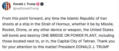 @Open Source Intel: Trump:

From this point forward, any time the Islamic Republic of Iran shoots at a ship in the Strait of Hormuz, whether it be by Missile, Rocket, Drone, or any other device or weapon, the United Stat