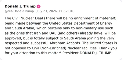 @Shin: POTUS:
"The Civil Nuclear Deal (There will be no enrichment of material!) being made between the United States Department of Energy and Saudi Arabia, which pertains only to non-military use such as th