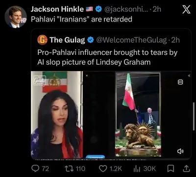 @Goldie Ghamari | گلسا قمری 🇮🇷: Jackson Hinkle, the American Traitor who attended Khamenei's funeral as a water boy for anti-American Muslim terrorists, is making money off of mocking me, an Iranian, for crying over the news of Sena