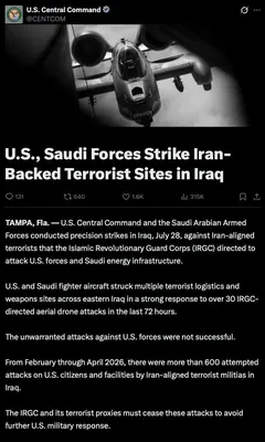 @Shin: . @CENTCOM:

U.S. Central Command and the Saudi Arabian Armed Forces conducted precision strikes in Iraq, July 28, against Iran-aligned terrorists that the Islamic Revolutionary Guard Corps (IRGC) dir