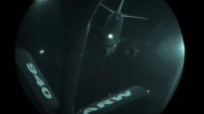 @U.S. Central Command: A U.S. Navy P-8 Poseidon approaches a U.S. Air Force KC-135 Stratotanker for refueling while patrolling the Middle East. The P-8 is a specialized reconnaissance aircraft that is among the many assets 