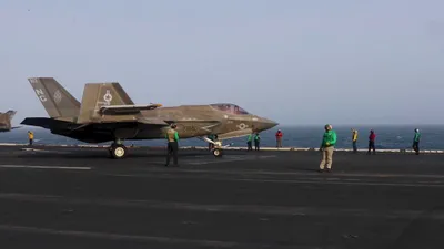 @U.S. Central Command: A U.S. Marine Corps F-35C stealth fighter jet launches from USS Abraham Lincoln (CVN 72) as the aircraft carrier transits the Arabian Sea and supports the U.S. blockade against Iran. As of Aug. 2, CEN
