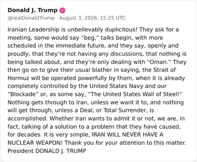 @Shin: POTUS:
"Iranian Leadership is unbelievably duplicitous! They ask for a meeting, some would say “beg,” talks begin, with more scheduled in the immediate future, and they say, openly and proudly, that t