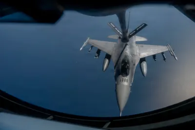 @U.S. Central Command: A U.S. Air Force F-16 fighter jet is refueled during a patrol over regional waters in the Middle East while the U.S. continues enforcement of the blockade against Iran. As of Aug. 5, CENTCOM forces ha