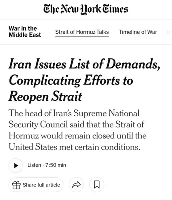 @✡︎𝐋𝐢𝐯𝐞𝐈𝐫𝐚𝐧𝐍𝐞𝐰𝐬🇮🇷🇮🇱: ⚡🇺🇸🦀
New York Times: The regime's demands cast doubt on the chances of an agreement to reopen the Strait of Hormuz

The New York Times reported that the terrorist regime of the Islamic Republic, in
