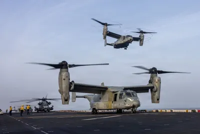@Shin: MV-22B Ospreys take off from USS Boxer in the Arabian Sea as the ship enforces the U.S. blockade against Iran. U.S. forces have redirected 67 commercial vessels, disabled 3, boarded 2.

Source: @CENTC