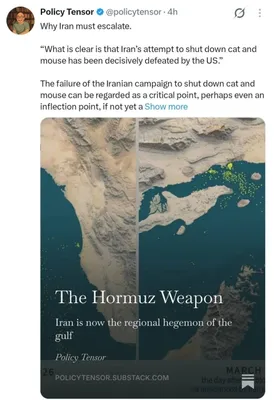 @✡︎𝐋𝐢𝐯𝐞𝐈𝐫𝐚𝐧𝐍𝐞𝐰𝐬🇮🇷🇮🇱: ⚡🇺🇸🦀⚓📉
تحلیلگر آمریکایی: «سلاح هرمز» رژیم جمهوری اسلامی به تنهایی برای وادار کردن آمریکا به عقب‌نشینی کافی نیست.
یک تحلیلگر استراتژیک و ژئوپلیتیک آمریکایی با بررسی راهبرد رژیم اشغالگر جمهوری اسلام