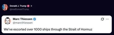 @Open Source Intel: Trump reposts on Truth Social:

"We've escorted over 1000 ships through the Strait of Hormuz."
