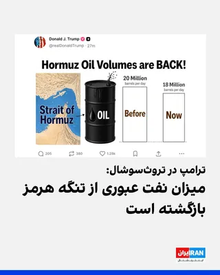 @ايران اينترنشنال: دونالد ترامپ، رییس‌جمهوری آمریکا، پنج‌شنبه ۱۲ شهریور در تروث‌سوشال تصویری منتشر کرد که در آن نوشته شده است: «حجم انتقال نفت از تنگه هرمز بازگشته است.» 

در این تصویر، حجم کنونی انتقال نفت ۱۸ میلیون بش