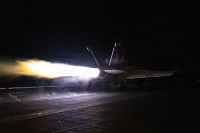 @U.S. Central Command: An F/A-18F Super Hornet launches from the flight deck of USS George H.W. Bush (CVN 77) as the ship sails in regional waters and continues to support enforcement of the U.S. blockade against Iran. As o