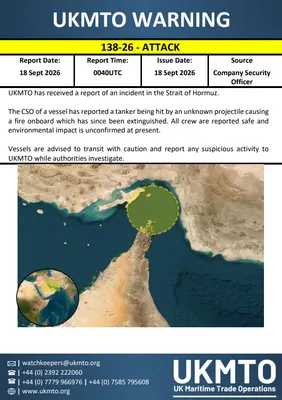@Open Source Intel: A tanker was hit by an unknown projectile in the Strait of Hormuz. The resulting fire is out and all crew are safe.

Environmental impact unconfirmed.

- UKMTO